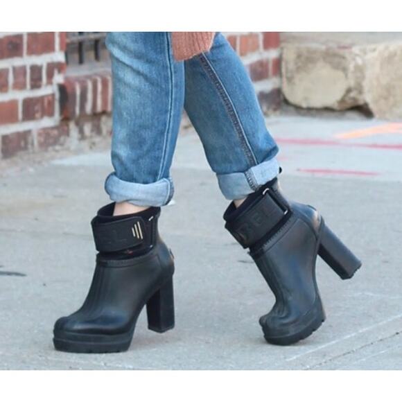Sorel Shoes - Sorel Medina III Black Chunky High Heel Platform Waterproof Rain Boots, Size 8